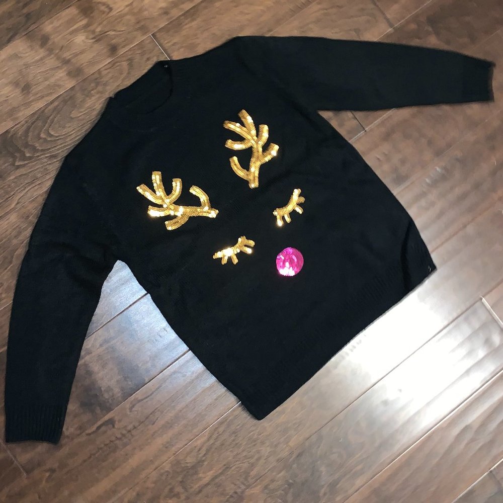 BRAND NEW Black Christmas Gold Pink Sequin Rudolph Reindeer Sweater - Picture 4 of 11